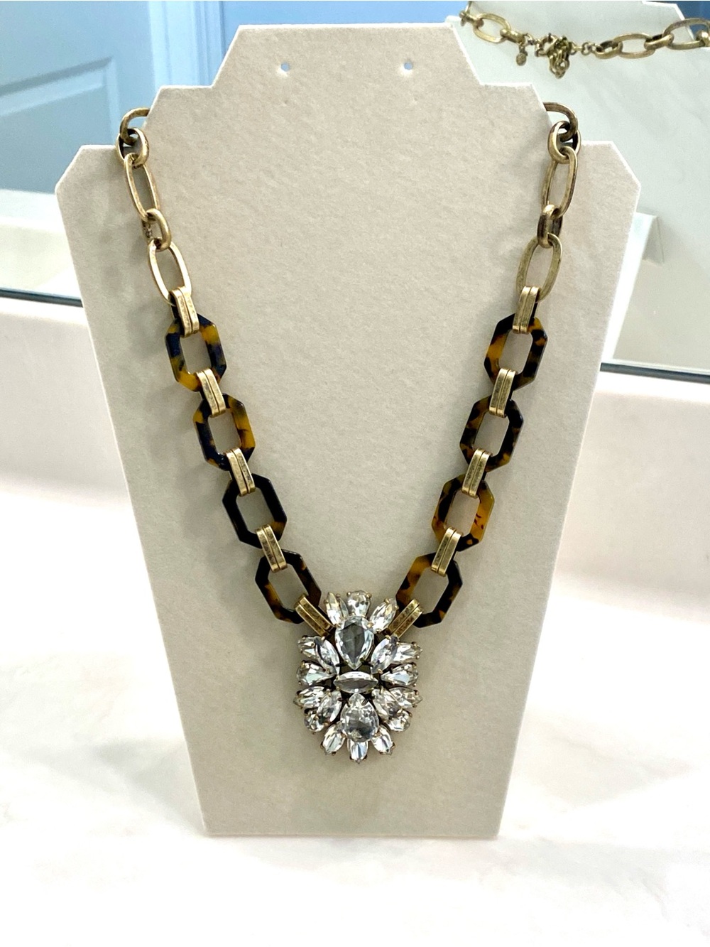 J. Crew Brown Tortoiseshell Link Necklace with Crystal Pendant